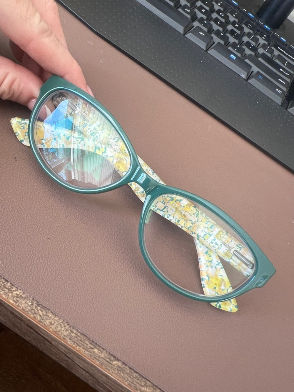 Women's Green Frame Glasses with Floral Temples